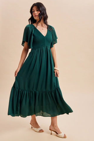SMOCKED V NECK EMERALD MIDI DRESS