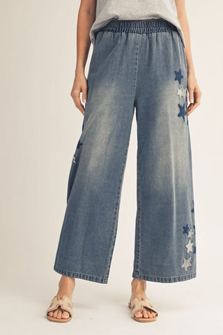 STAR PATCH DENIM WASHED PANTS