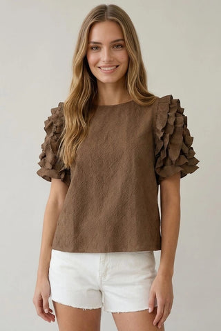 DIAMOND TEXTURE PUFF SLEEVE RUFFLE TOP