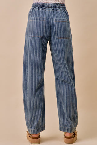 STRIPED DENIM BARREL LEG DRAWSTRING PANTS