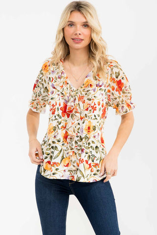 FLORAL MIXED MEDIA PINTUCK CASCADE BLOUSE