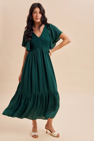 SMOCKED V NECK EMERALD MIDI DRESS