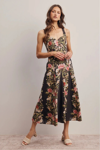 FLORAL SWEETHEART NECKLINE MIDI DRESS