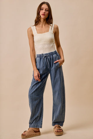 STRIPED DENIM BARREL LEG DRAWSTRING PANTS