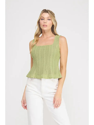 POINTELLE KNIT SQUARE NECK PEPLUM TANK