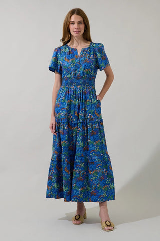COBALT FLORAL FALL TIERED MAXI DRESS