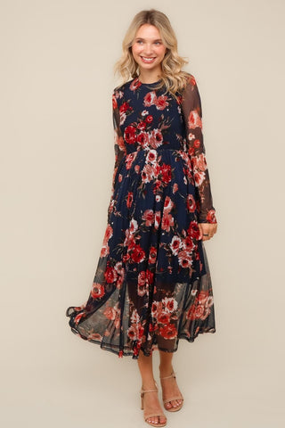 FLORAL MESH FIT & FLARE DRESS