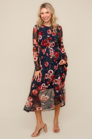 FLORAL MESH FIT & FLARE DRESS