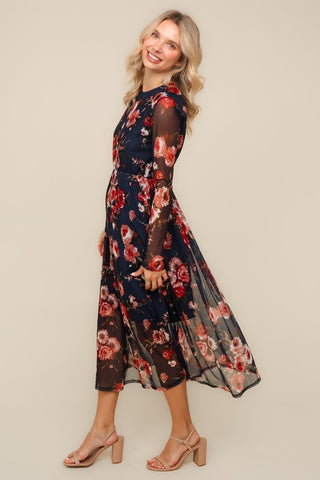 FLORAL MESH FIT & FLARE DRESS