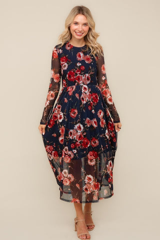 FLORAL MESH FIT & FLARE DRESS