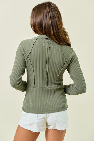 HALF ZIP UP LONG SLEEVE TOP in OLIVE