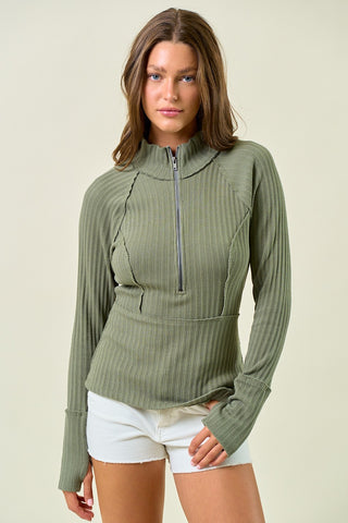 HALF ZIP UP LONG SLEEVE TOP in OLIVE