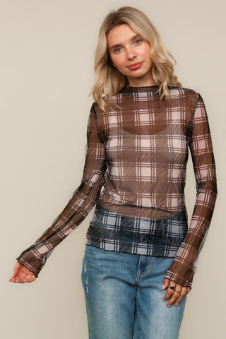 HIGH NECK PLAID MESH TOP