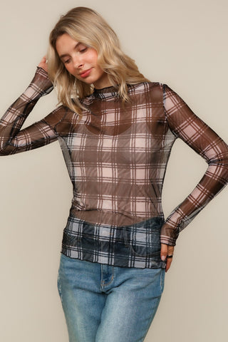 HIGH NECK PLAID MESH TOP