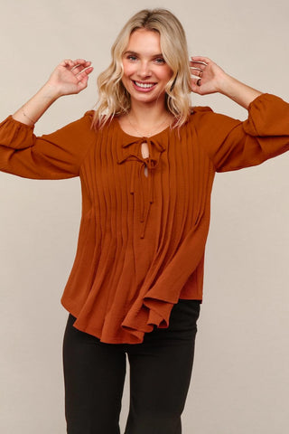 NECK RIBBON PLEATED BLOUSE