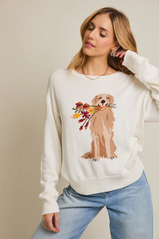 DOG HOLDING FLOWERS SWEATER