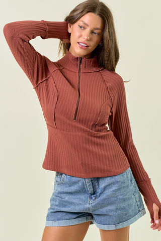 HALF ZIP UP LONG SLEEVE TOP in RUST