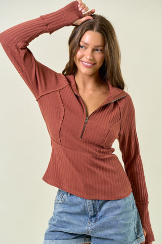 HALF ZIP UP LONG SLEEVE TOP in RUST