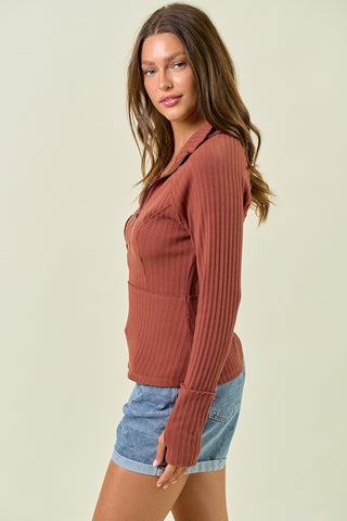 HALF ZIP UP LONG SLEEVE TOP in RUST