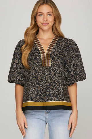 PUFF SLEEVE V-NECK PRINTED TOP
